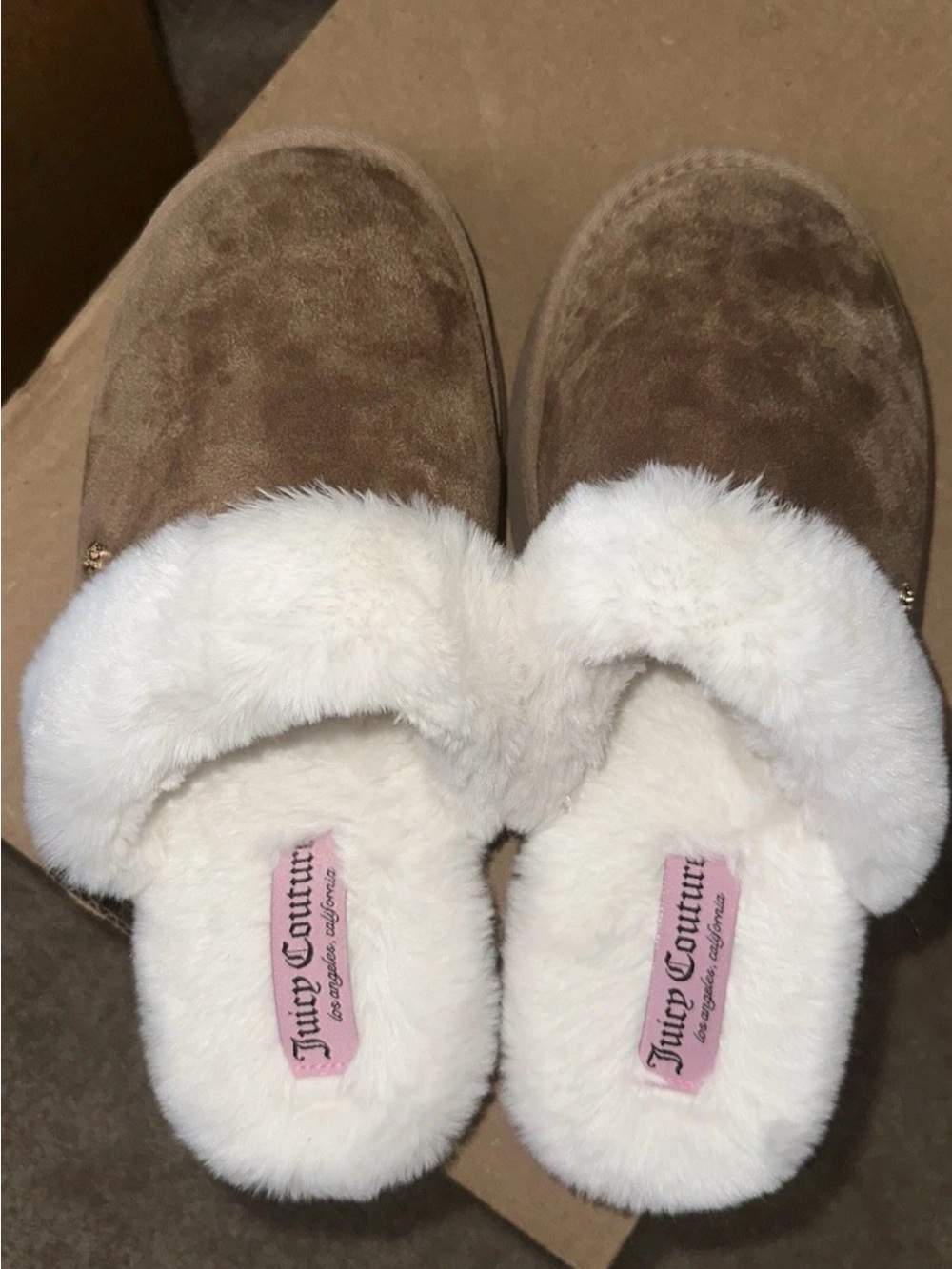 Juicy Couture Tan Suede Slippers with White Faux-Fur Trim